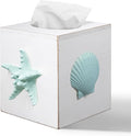 Tissue Box Cover Square, Beach Tissue Box Holder with Slide-Out Bottom, Decorative Wooden Wall Mounted Starfish Tissue Holder for Desktop Nightstand Bathroom Office, Modern Beach Home Decor