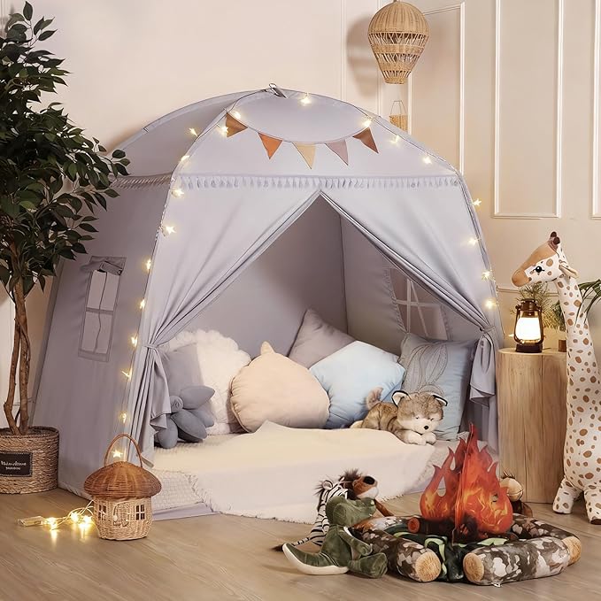 Sumbababy Large Teepee Tent for Kids: with Star Lights - Tent for Toddler Indoor Kids Teepee Tent for Boys & Girls - Toddler Play Tent Inside Canopy Bed for Playroom Gift Toys (Gray)