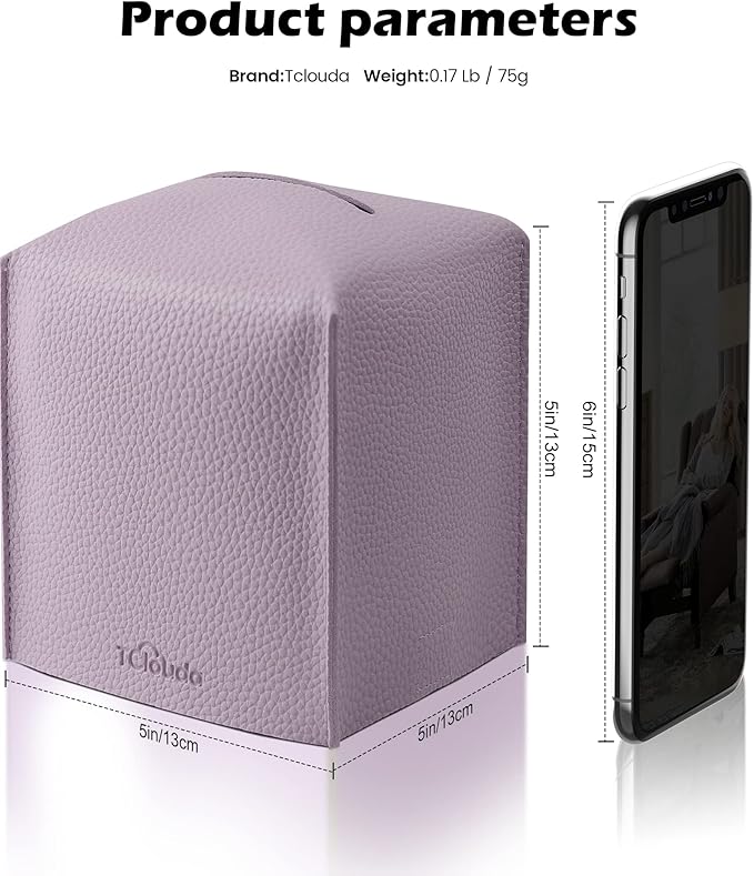 Tclouda Tissue Box Cover for PU Leather, Modern Simple Solid Color Holder Square Tissue Bag, Ideal for Bathrooms,Office,Car,Nightstand,Outdoor Tent,Dining Table,5"X5"X5", Double Purple