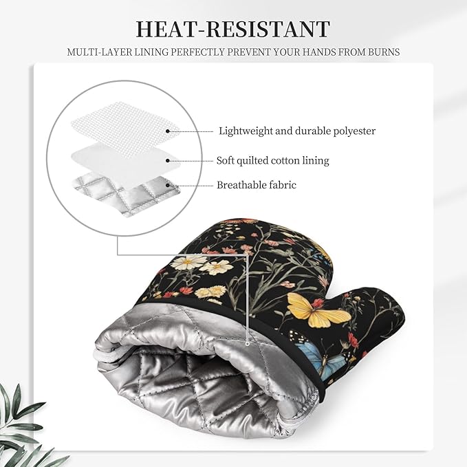 Oven Mitts Pot Holders Set Vintage Butterfly Flower Botanical Silicone Kitchen Gloves Potholders Heat Resistant for Chef Baking Cooking Grilling BBQ 4 Pack Mitt