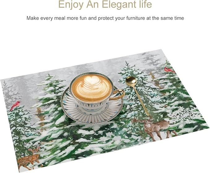 Winter Snowy Forest Placemats Christmas Pine Tree Snowflake Holiday Bath Rustic Christmas Tree Placemats Table Kitchen Dining Party 12x18 Inch Set of 6