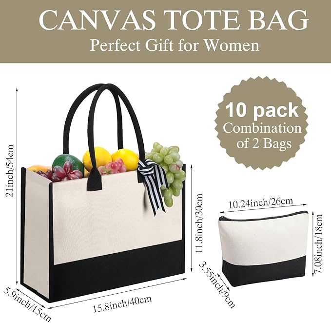 Sanwuta 10 Set Canvas Tote Bag with Inner Zipper Pockets and Makeup Bag Bulk Christmas Birthday Teacher Appreciation Gifts for Women Bridesmaid Mother