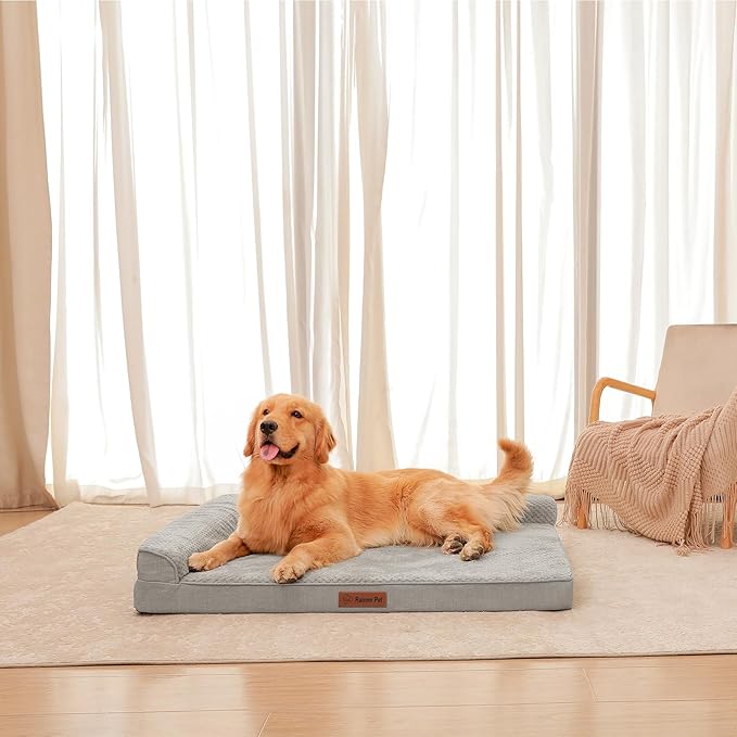 Rainmr Orthopedic Dog Beds for Large Dogs, Memory Foam Dog Beds Large Sized Dogs, Washable Removable Cover, Nonskid Bottom, Waterproof, for Indoor, Outdoor, Crate ＆ Car Use, 44x32x6 Inches, Light Grey