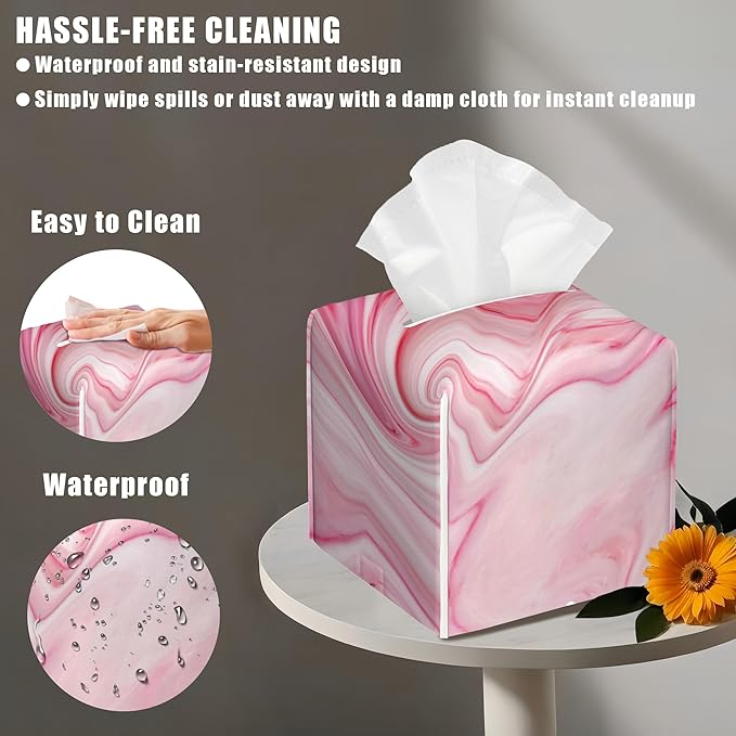 BLYKVGHQ Pink Liquid Marble Tissue Box Cover Square, Tissue Box Holder with Bottom Belt Leather Facial Paper Organizer Dispenser for Bathroom Bedroom Dresser Night Stand Tabletop