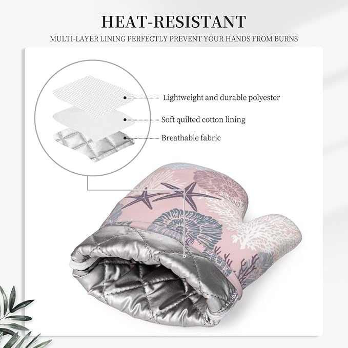 Nautical Coastal Oven Mitts and Pot Holders Set, 4pcs Silicone Starfish Seashell Coral Beach Themed Oven Glove for Kitchen Heat Resistant Oven Mitts and Non-Slip Potholders Pink