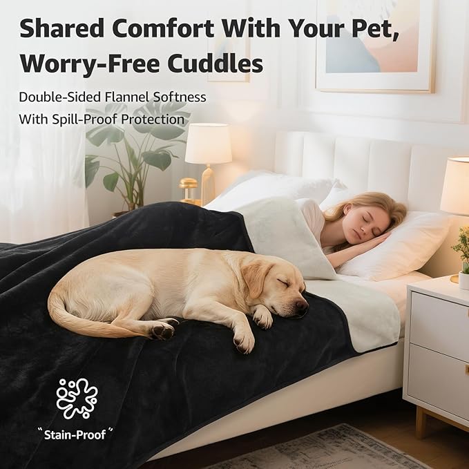 LOOBANI Waterproof Dog Blanket for Bed: Liquid Pee Proof Pet Blankets for Medium Large Dogs Washable, 80" x 90", Black