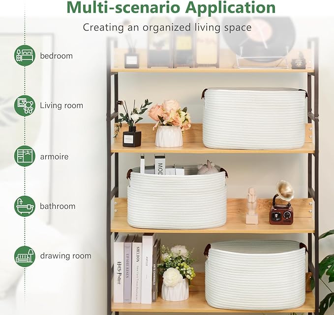 ECDYQXVU Cotton Rope Basket, Storage Baskets with Handle, 15x10x9 Inch Woven Basket for Shelves, Laundry, Towels, Clothes, Books (White 3Pack)