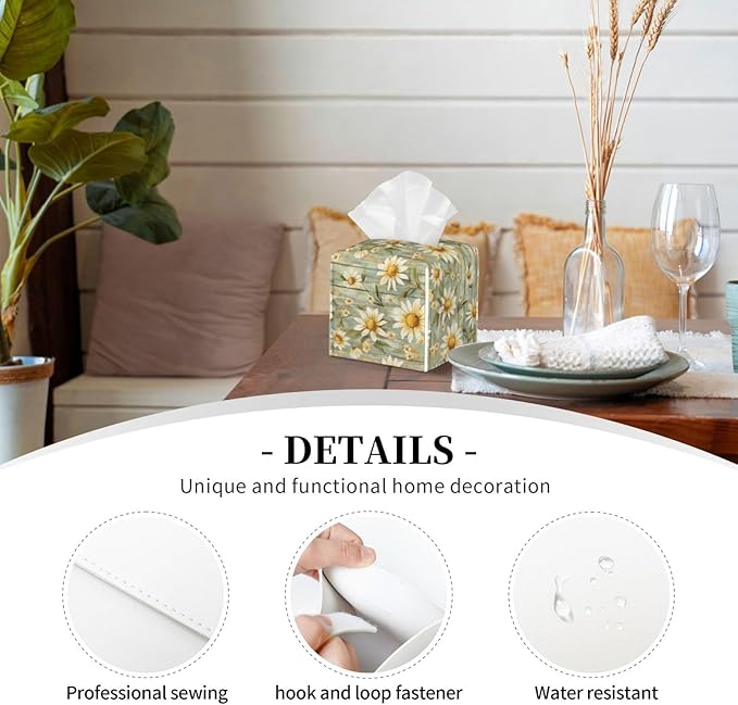 PVC Tissue Box Cover Holder,Daisy Square Decorative Organizer,5.2"X5.2"X5.2" Tissue Case for Bathroom, Tabletop, Car, Office
