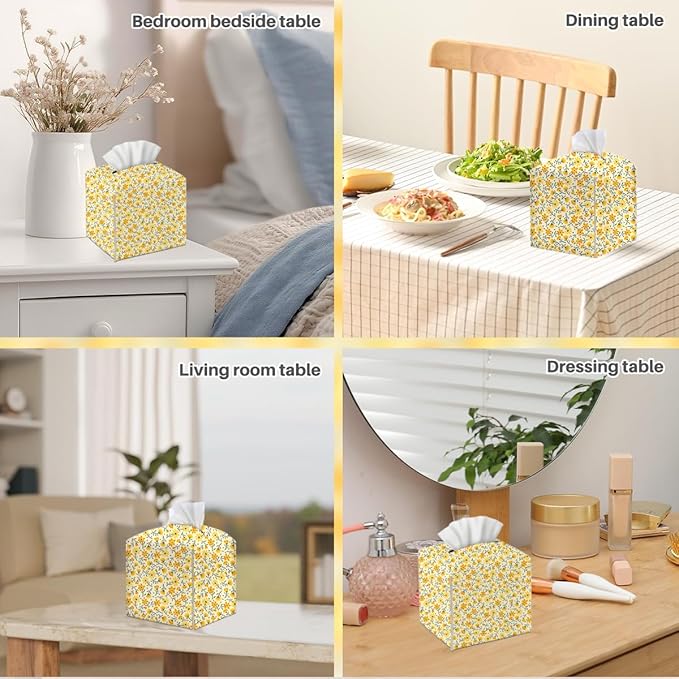 Tissue Box Cover, Tissue Box Holder, Square with Belt Bottom, PU Leather Decorative Organizer for Desk, Tabletop, Countertop Bathroom, Toilet Car,Office, Dresser Bedside, Aesthetic Yellow Flower Decor