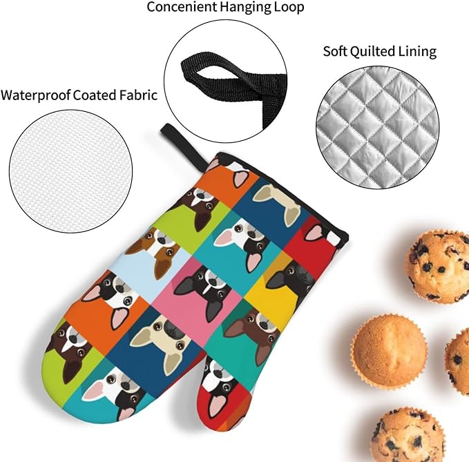 Boston Terrier Dog Oven Mitts and Pot Holders Set of 4, Oven Mittens and Potholders Heat Resistant Gloves for Kitchen Cooking Baking Grilling BBQ