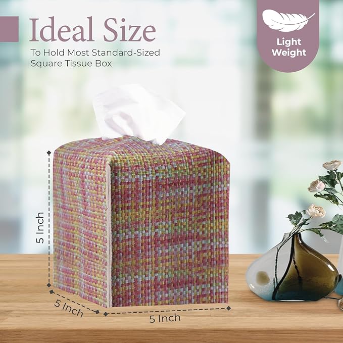 Azormi Tissue Box Cover, PU Leather Square Tissue Box Holder with Woven Pattern, Cube Tissue Box Covers with Bottom Belt, Perfect Decorative Organizer for Tabletop, car, Office, Bathroom, 5 x 5 x 5