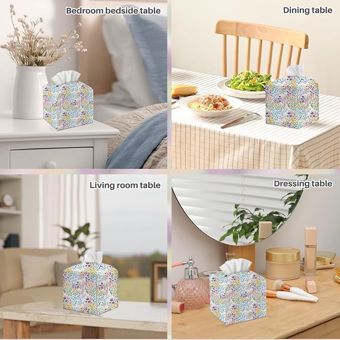 Tissue Box Cover, Tissue Box Holder, Square with Belt Bottom, PU Leather Decorative Organizer for Desk, Tabletop, Countertop Bathroom, Toilet Car, Office, Dresser Bedside, Aesthetic Wildflowers Decor