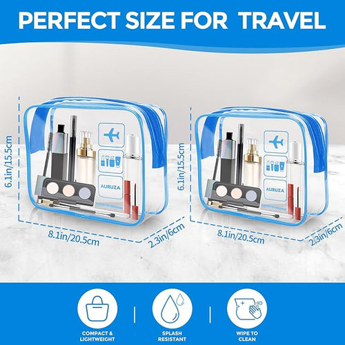 2 Pack Travel Toiletry Bag, Clear Makeup Bag, TSA Approved Cosmetic Bag with Zipper, Clear Organizer Carry on Bag for Women, PVC Cosmetic Pouch for Airport Airline Compliant
