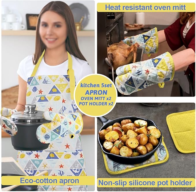 Oven Mitts and Pot Holders with Chef Apron,Set of 5 Heat Resistant Kitchen Gloves and Silicone Non-Slip Potholders Adjustable Neck Buckle Apron, Cotton Nice Design for Cooking (Sea Fish)