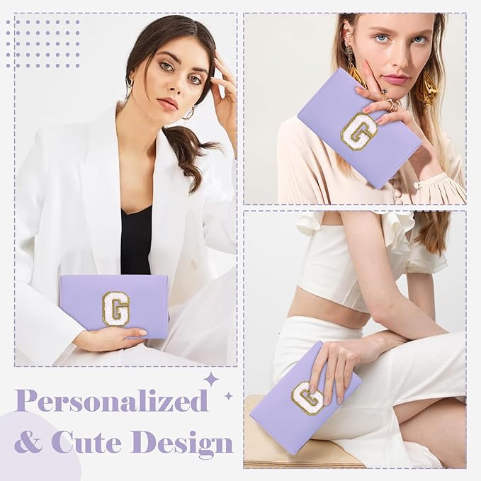 Personalized Makeup Bag Initial A-Z Preppy Patch Bag,Small PU Leather Travel Cosmetic Bag Pouch with Zipper,Purple Cute Toiletry Bag,Gift Ideal for Teen Girls Women Birthday Friend Mom,Latter G