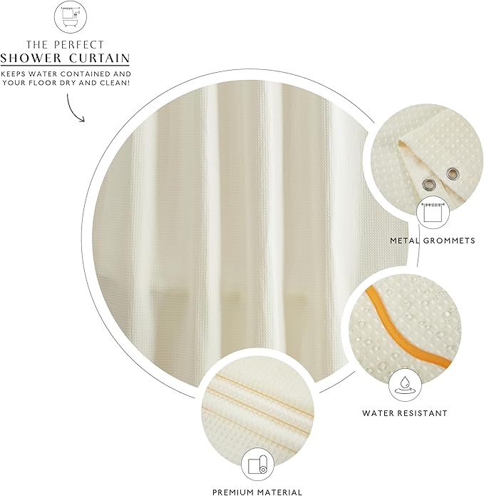 MONDAY MOOSE Scalloped Waffle Weave Shower Curtain with Rustproof Metal Grommet Holes for Bathroom, Machine Washable, Hooks Included (72x72 inch, Mustard/Cream)
