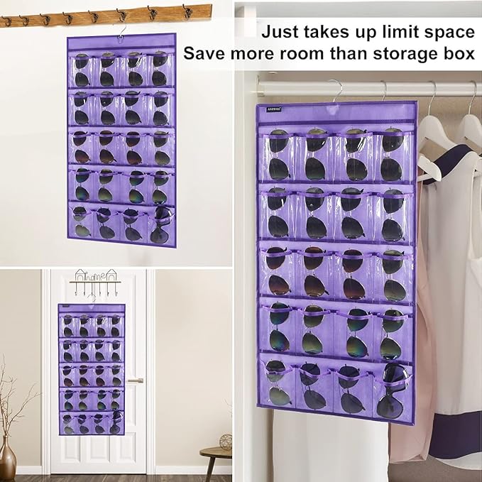 ANZORG Dual Sided Hanging Sunglasses Organizer Storage Wall Mounted Eyeglasses Holder Eyewear Display Case with 40 Clear Slots (40 Pockets-Purple)