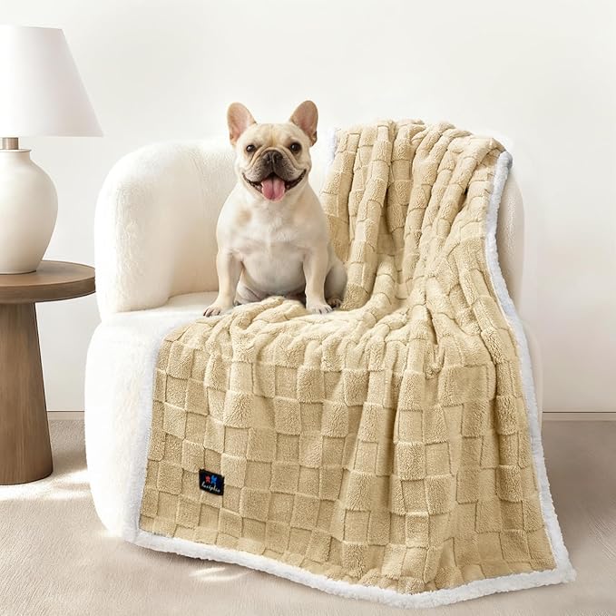Luciphia Waterproof Dog Blanket for Medium Dogs Washable Soft Sherpa Fleece Cat Blankets with 3D Jacquard Cozy Calming Reversible Couch Protector Furniture Protection for Pet, Beige White, 57x40 inch