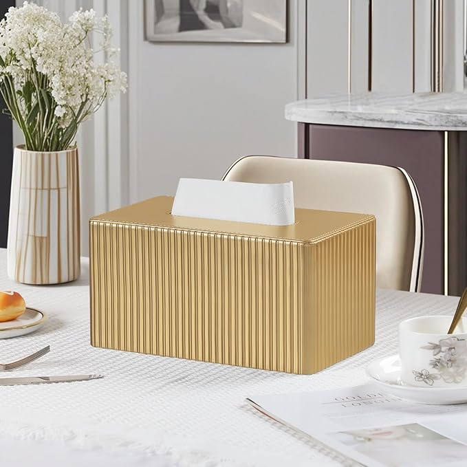 MEIBOOCH PU Leather Tissue Box Cover Square, Rectangle Tissue Box Holder with Magnetic Closure, Decorative Tissue Holder for Bathroom Bedroom Office (Gold, Rectangle for 180 to 230 Count Tissues)