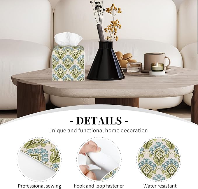 POIUBLE Tissue Box Holder Green and Blue Floral Tissue Box Cover Square Leather Tissue Holder Organizer Portable Decorative Facial Paper Case for Home Office Bathroom Vanity Countertop