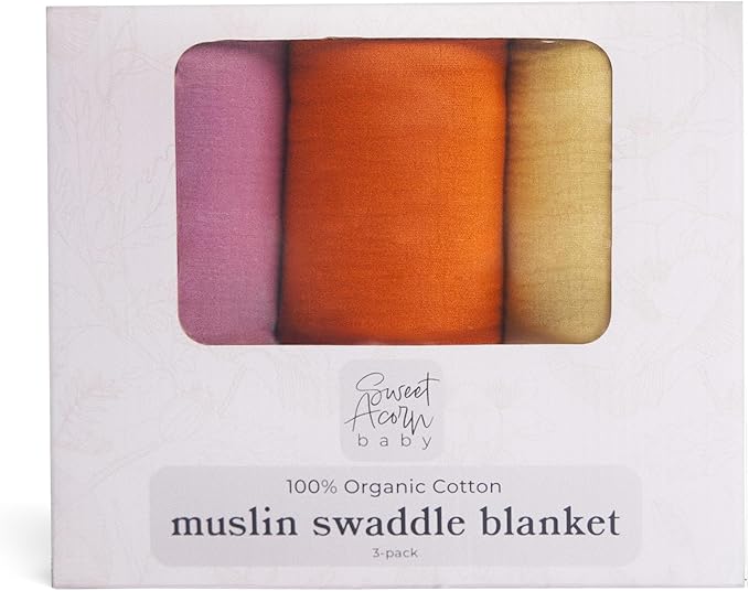 Sweet Acorn Muslin Swaddle Blanket – Soft Cotton Muslin Baby Blanket for Newborns, Infants, and Toddlers, All-Season Comfort Baby Essential - Purple, Orange, Yellow