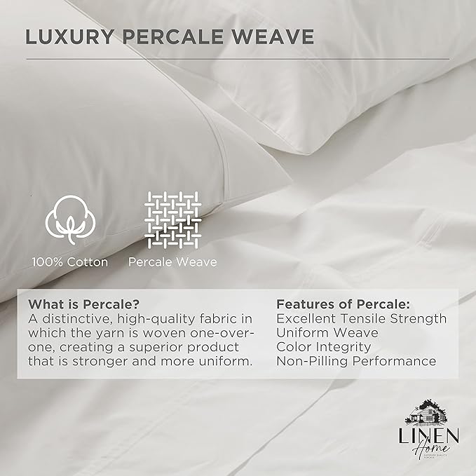 100% Cotton Percale 6-Piece Bedding Bundle- 4 Pieces Sheet Set + 2 Pieces of Pillowcase, Crisp and Cool Strong Bed Linen Queen, White