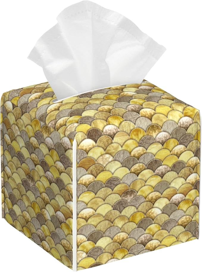 Golden Mermaid Scale Tissue Box Holder,Cube Tissue Box Cover Holder,Leather Facial Paper Organizer Dispenser Home for Bedroom Night Stands,Kitchen,Office and Car,5.2"×5.2"×5.2"