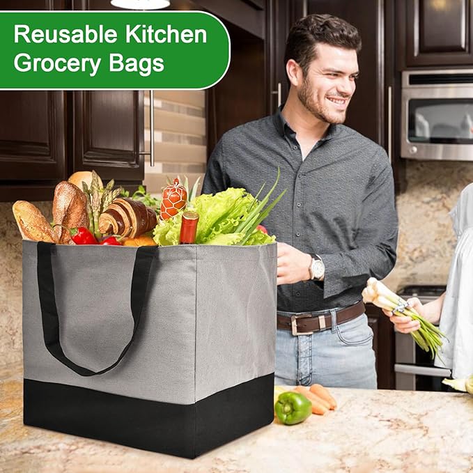 CNaiyunpin 3 Pack Canvas Reusable Grocery Bags Heavy Duty, 8.3 gal Foldable Large Tote Bag with Handles, Holds 60 lbs Canvas Shopping Bags & Washable Eco-friendly Bags with 5 Pockets, Grey+Black