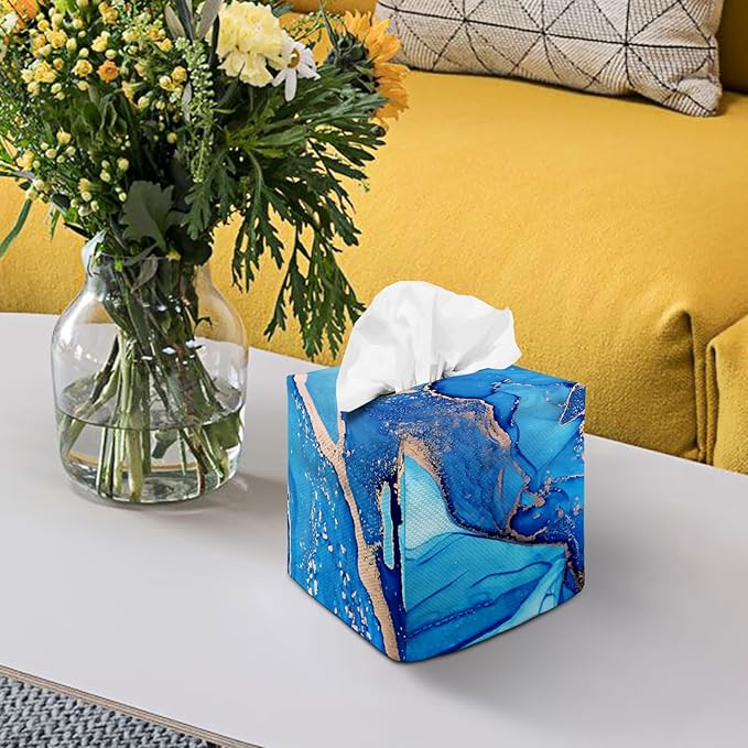 Tissue Box Cover Square Decorative Tissue Box Holder Cute Funny Cube Tissue Case Cover-Blue Marble Tissue Box Cover