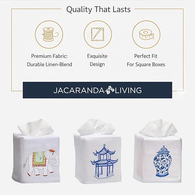 Jacaranda Living Square Tissue Box Cover, Linen/Cotton Fabric Tissue Holder, Decorative Cloth Tissue Cube Cover, Scrolls Design Amalfi Scroll, Blue