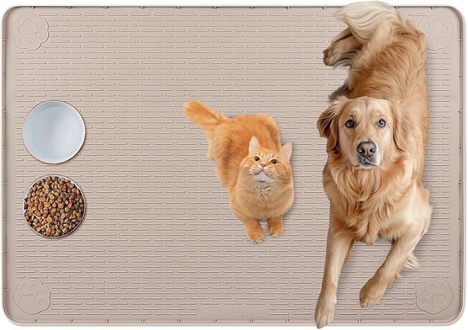 Bartuke Cat Food Mat, 34" x 22" Large Silicone Pet Feeding Mat for Food and Water Bowls Non-Slip, Easy to Clean (Beige)