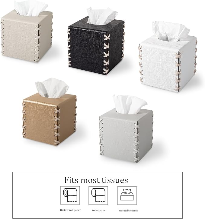 Tissue Box Cover PU Leather Tissue Holder Square Decorative Home Decor Cube Boxes for Bathroom, Kitchen, Nightstand, Office Desk Essentials, Light Gray