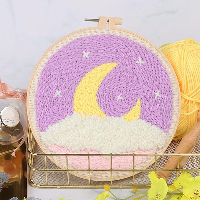 Allazone 3 Set Punch Needle Embroidery Starter Kits for Beginners, Include Punch Needle Fabric with Yarns, Embroidery Hoops, Threader Tools and Instructions, Rainbow and Moon Pattern