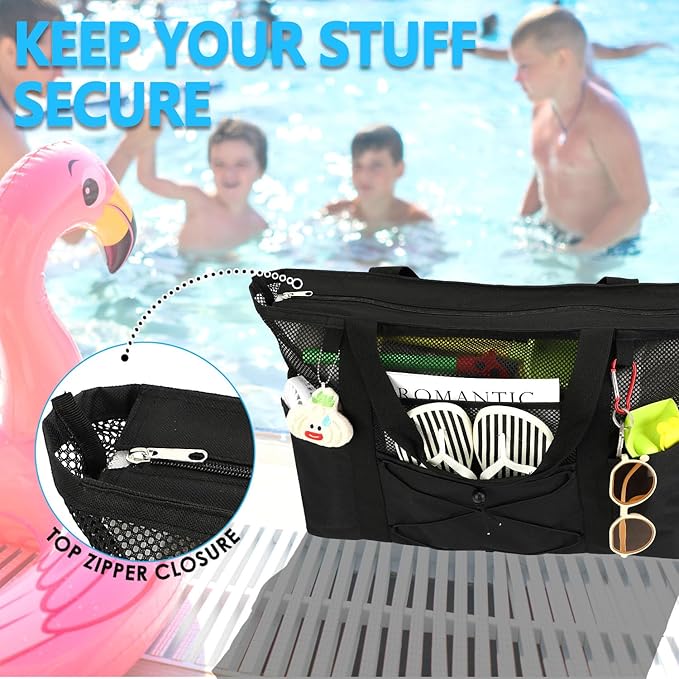 Fammart Mesh Beach Bag, Large Beach Tote with Zipper Pocket for Family Pool Bag for Toys & Vacation Essentials