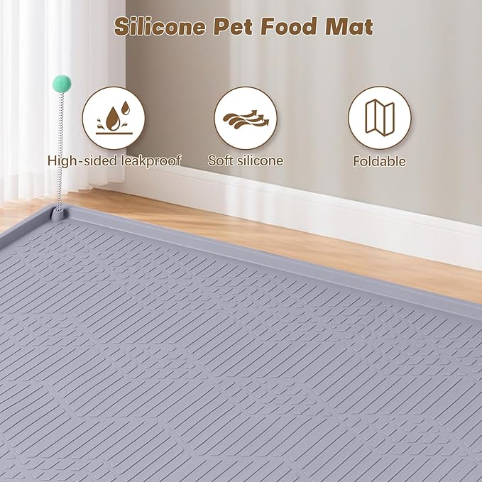Bartuke Cat Food Mat with Toy Ball, 38'' x 25'' Extra Large Silicone Pet Feeding Mat with Raised Edge Pet Placemat for Food and Water Bowl Non-Slip, Easy to Clean, Floor Protection (Grey)