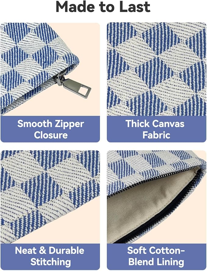 fahombag 2 Pcs Checkered Makeup Bag Set Canvas Cosmetic Pouch for Women Large & Small Cute Preppy Aesthetic Travel Toiletry Pouch Organizer for Purse Skincare Brushes, Blue And White