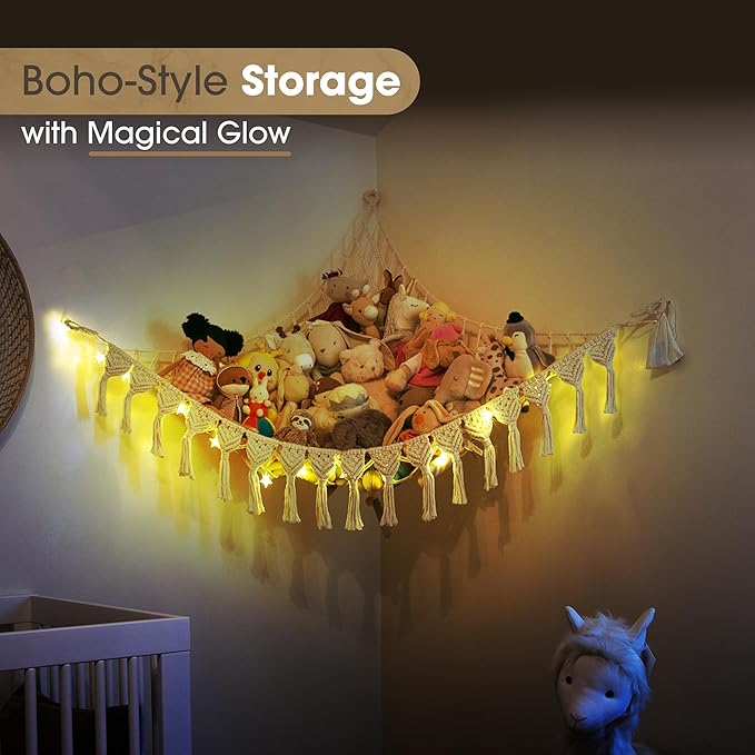 Abby Baby Extra Large Stuffed Animal Storage Hammock Corner with LED Lights – 25LB Capacity Hanging Toy Net for Small or Large Plushies, Boho Macrame Squishmallow, Plush Net, Gray