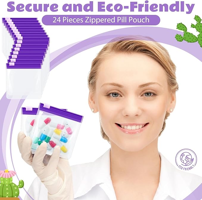 24 Pieces Pill Pouch Bags Zippered Set Reusable Translucent Medicine Organizer Sealing Travel Plastic Bags with Slide Lock for Storage(Purple)