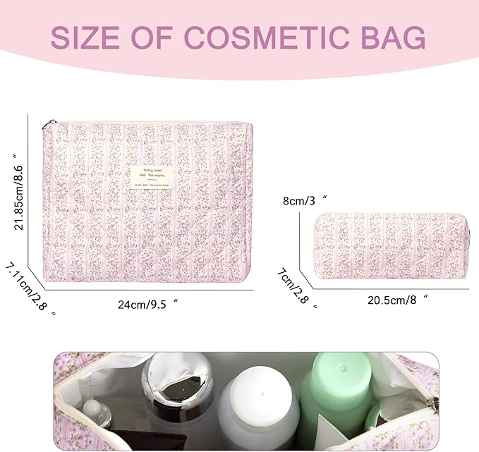 Gosect 2PC Makeup Bag Set, Cute Cosmetic Bag for Women Girls, Floral Coquette Aesthetic Toiletry Bag, Travel Make Up Organizer Bag (White Pink Butterfly Flower)