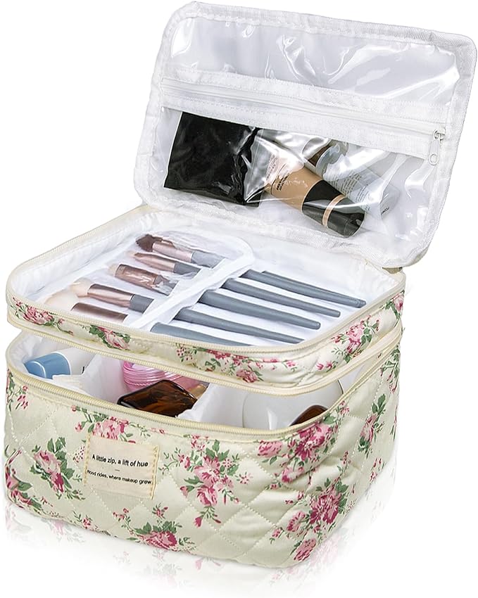 Gosect Large Quilted Makeup Bag, Large Floral Cosmetic Bag for Women, Cute Cotton Makeup Bags, Flower Travel Toiletry Organizer Bag (Pink Flowers)