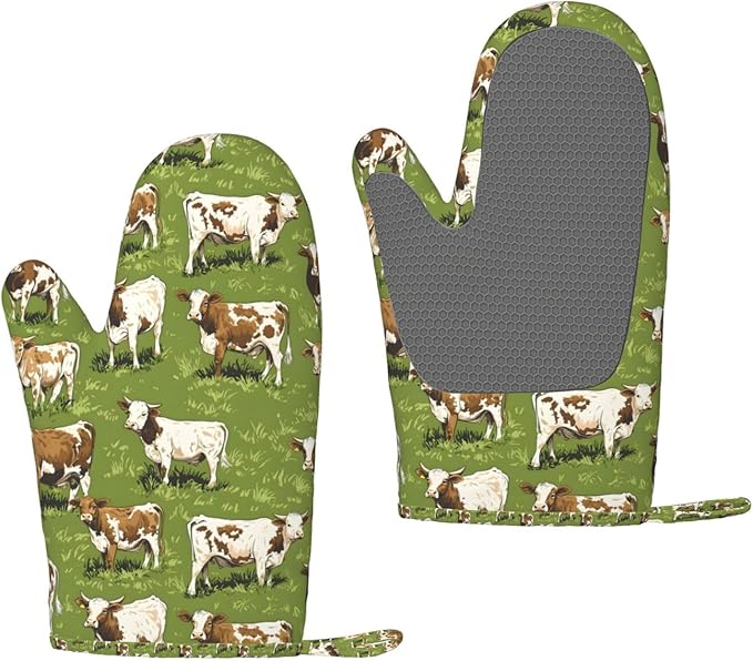 Heat Resistant Oven Mitts 2 Pack, 500°F Silicone Oven Gloves with Non-Slip Grip, Soft Quilted Cotton Lining for Baking, Grilling, BBQ, Cooking (Cow Green)