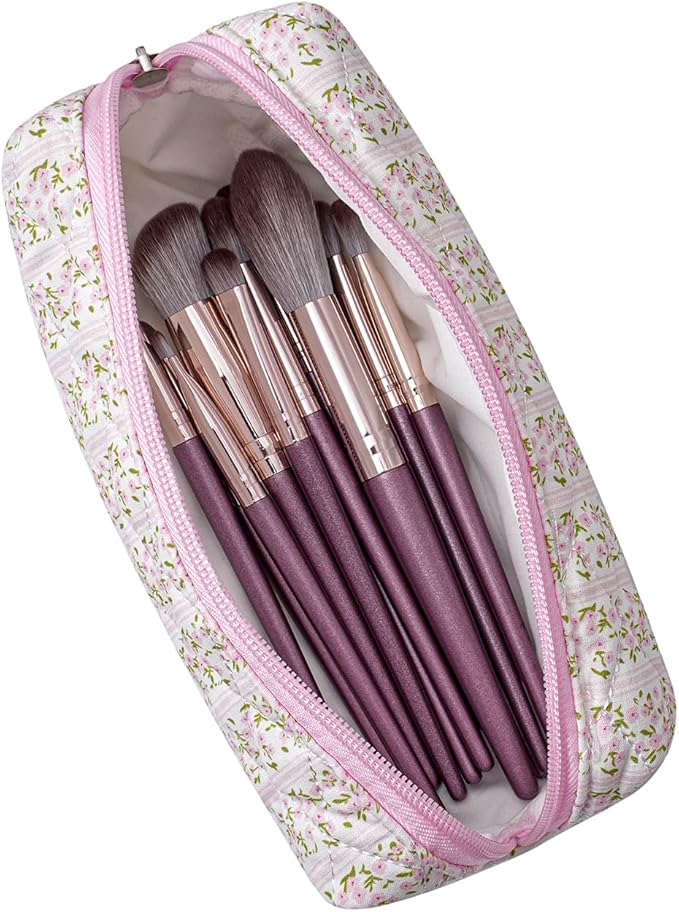 WHHJM Cute Floral Makeup Brush Bag Small Cotton Quilted Cosmetic Bag for Women Travel Toiletry Zipper Make Up Pouch (Pink Floral)