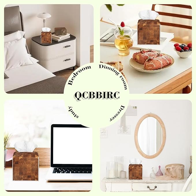 Natural Wood Board Honey Oak Tissue Box Cover Square Leather Tissue Holder Waterproof Facial Paper Organizer Dispenser Cube Paper Cover Case for Home Office Bathroom Vanity Countertop
