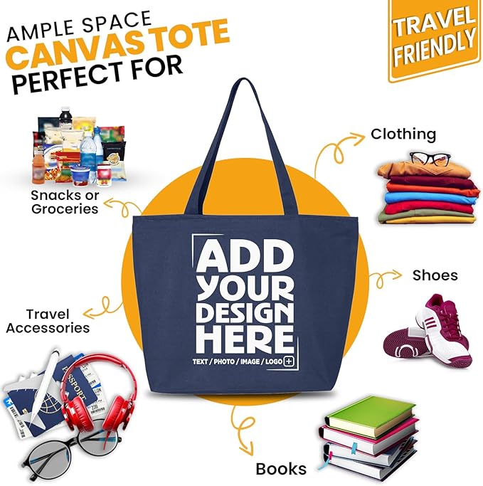 shop4ever Personalized Custom Design Your Own Heavy Canvas Tote with Zipper Reusable Shopping Bag Customizable Gift