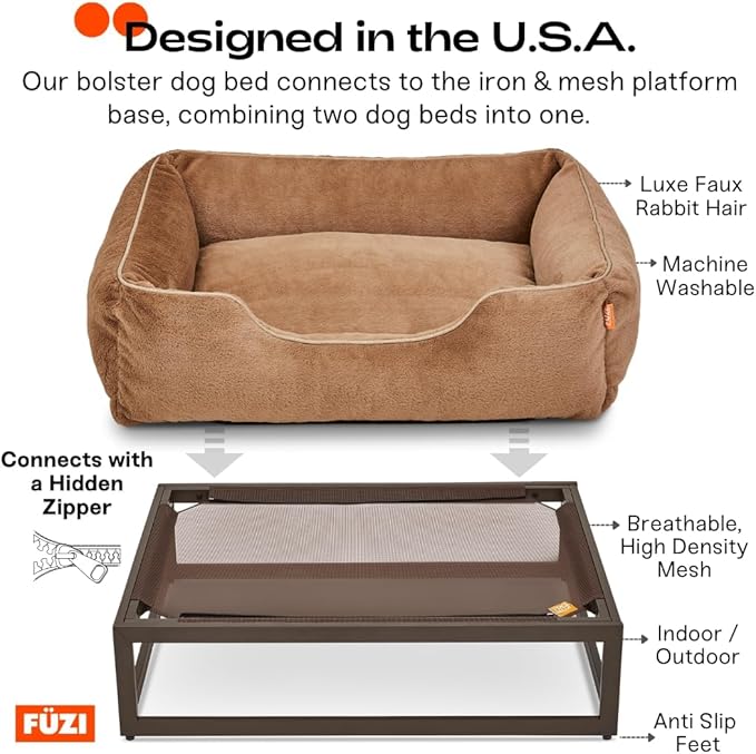 FUZI Elevated Dog Bed Small with Extra Cover, Luxury Raised Dog Beds, Removable and Machine Washable Bed Cover, Indoor/Outdoor Orthopedic Pet Bed, Small 25.1x16.75x18 Soft White & Dark Brown Base