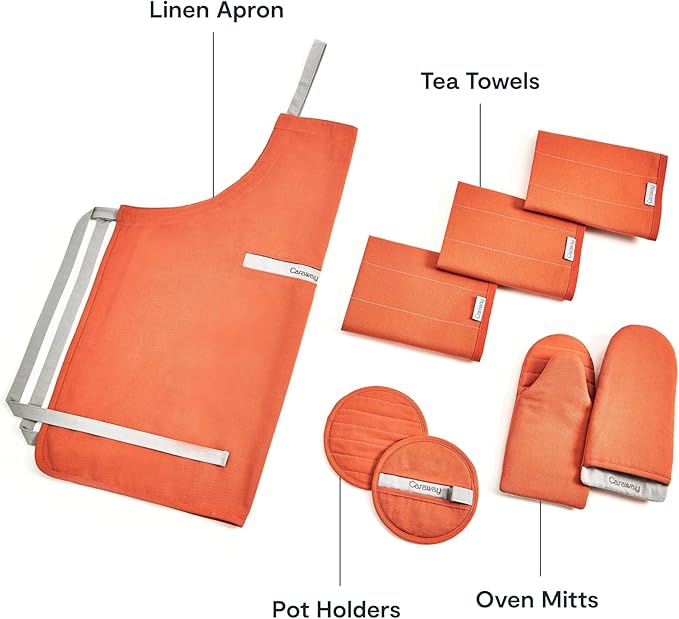 Caraway Linen Set - Apron, Pot Holders, Oven Mitts, & Tea Towels - 100% Organic Cotton - Durable, Machine Washable