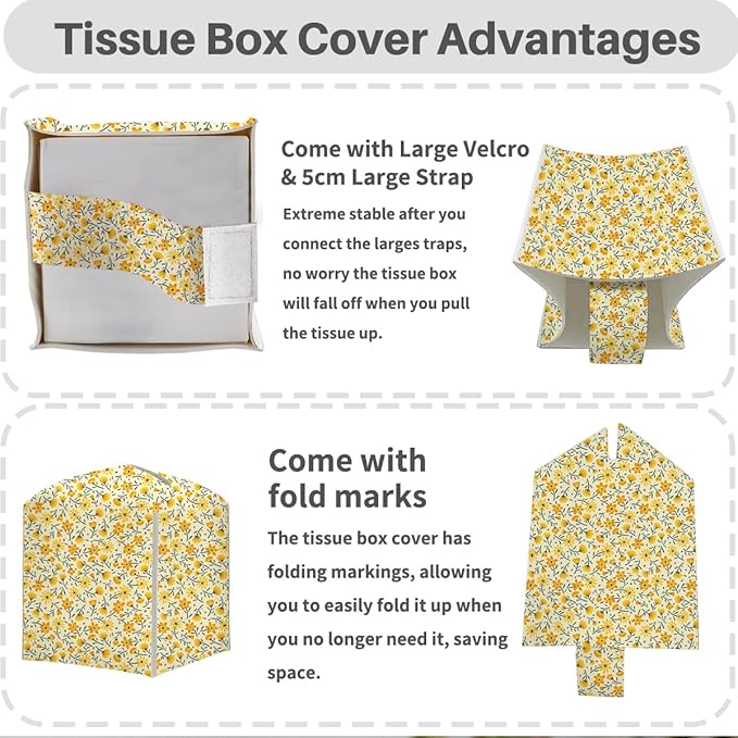 Tissue Box Cover, Tissue Box Holder, Square with Belt Bottom, PU Leather Decorative Organizer for Desk, Tabletop, Countertop Bathroom, Toilet Car,Office, Dresser Bedside, Aesthetic Yellow Flower Decor