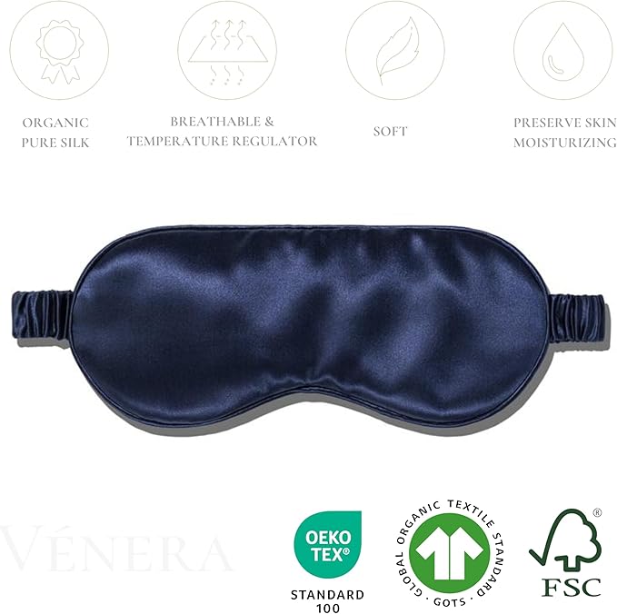 Vénera Silk Sleep Mask - 100% Pure 22 Momme Mulberry Silk Eye Sleeping Mask for Women and Men - Blackout Eye Mask for Sleeping (Navy Blue)