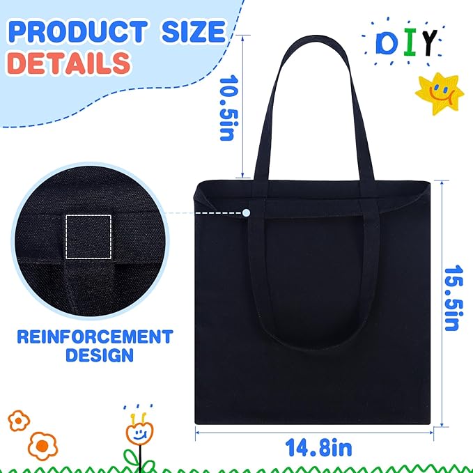 FF Sgdfc 2 Pcs Canvas Tote Bags, Natural Color Tote Bags 15 x 16 inch Sustainable Eco Friendly reusable, for Grocery Bags, DIY Gift Bags, Shopping Bags (Black)