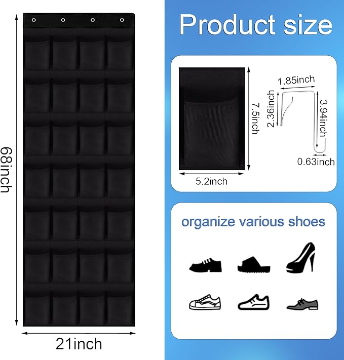 Teikou 28 Mesh Pockets Hanging Shoe Organizer, Over the Door Shoe Organizer，Closet Storage Holder for Back of Door Storage Holder for Back of Door(Black)